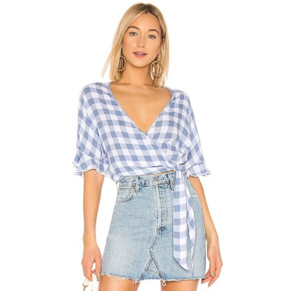 Rails Athena Blue Gingham Cropped Wrap Top XS Linen Blend - Picture 6 of 14